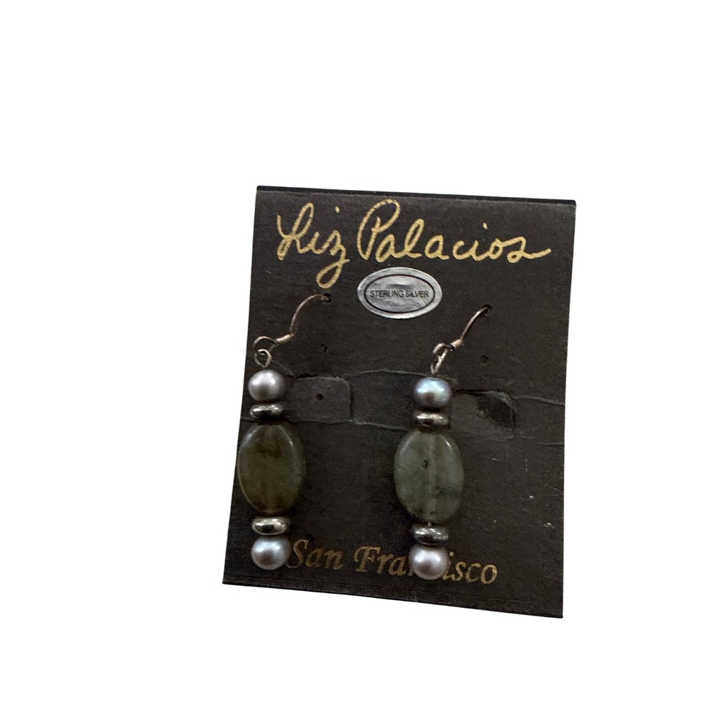 Liz Palacios Sterling Silver Freshwater Pearl Green Stone Dangle Earrings